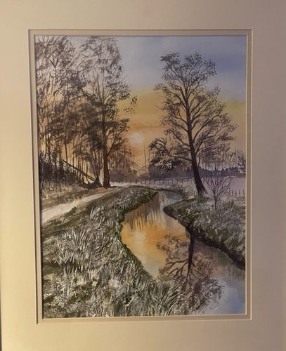 Elaine H, Hoar frost in winter morning, watercolour.